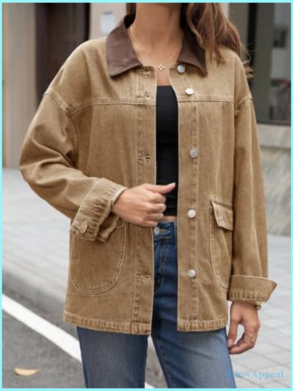 Oversized Denim Jacket Contrast Canvas Collar Button Down with Pockets - Picture 4 of 6